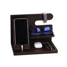 Brown Wood Phone Docking Station Bedside Table Nightstand Organizer Gift