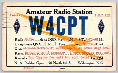 1940 W4CPT QSL Card Wilmington NC Amateur Radio W7FTX Corvallis MT Postmark D440