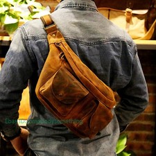 Vintage Mens Leather Sling Bag Crossbody large capacity Casual chest bag