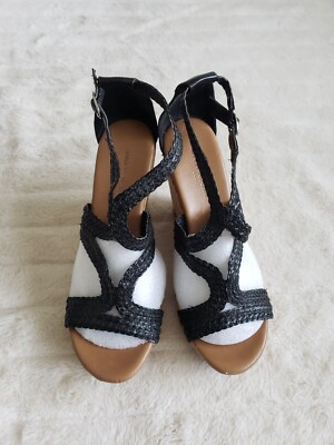Banana Republic Strappy Sandals Cork Wedge Heel Womens Black Shoes