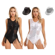 Women Bodysuit Party Leotard Sheer Jumpsuit Babydolls Clubwear Hat Bodycon Trim