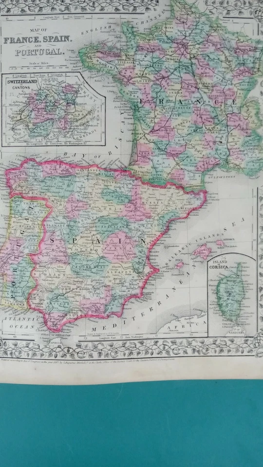 Mapa de Francia, España y Portugal 1867 con mapas de Suiza y Córcega Antiguo Foto 2 de 4