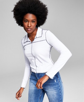 Now This Womens Textured Exposed Seam Top Whiteblack XL