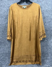 She + Sky Women's Size L Brown Suede Dress 3/4 Sleeves Midi Casual Cut Out Boho