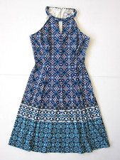 Wisp Blue White Floral High Neck Sleeveless Shift A-Line Halter Tank Dress 8