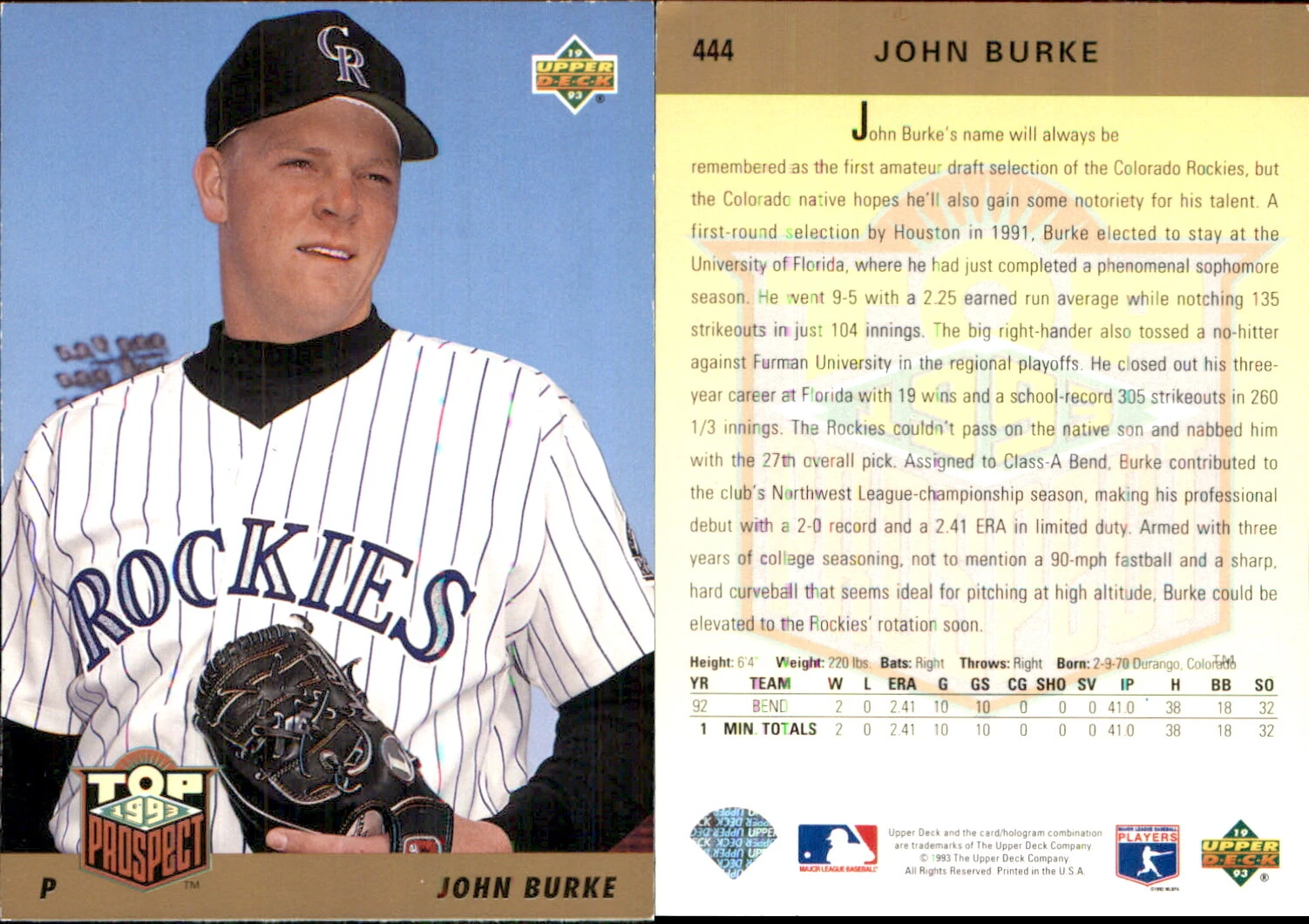 John Burke 1993 Upper Deck Colorado Rockies #444 RC Card Colorado Rockies