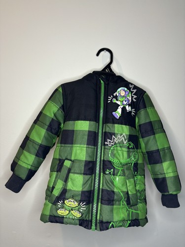 Boy’s Disney Store Toy Story Puffy Jacket Sz 3 Green & Black Plaid Buzz Woody - Picture 2 of 6