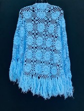Vintage blue floral shawl, fringe boho wrap turquoise triangle knit sweater