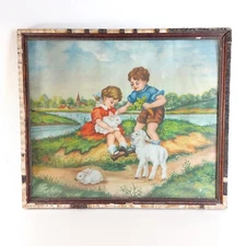 Vintage Painting Children Rabbits Sheep Naive Art 1920s-1950s Austria? Europe
