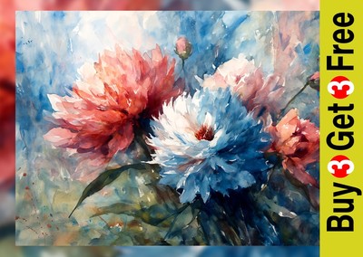 Blau Rosa Blumen 5''x7'' Druck auf mattem Papier | Romantischer Blumen Aquarell Druck