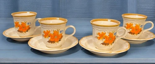 Set of 4 Mikasa Garden Club Flowerfest #EC452 Coffee Cups & Saucers 8 oz.