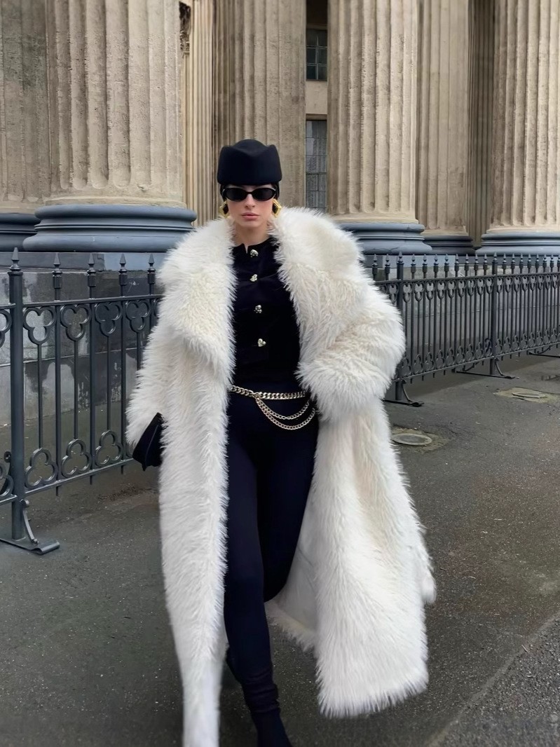 Womens Lapel Collar Loose Mongolian Sheep Faux Long Coat Overcoat