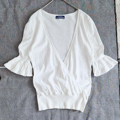Burberry Blue Label White Knit Cache-coeur Ruffle Sleeves Logo Embroidery 38