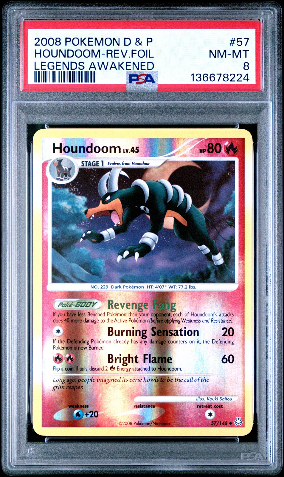 2008 POKEMON DIAMOND & PEARL LEGENDS AWAKENED #57 HOUNDOOM-REVERSE FOIL PSA 8
