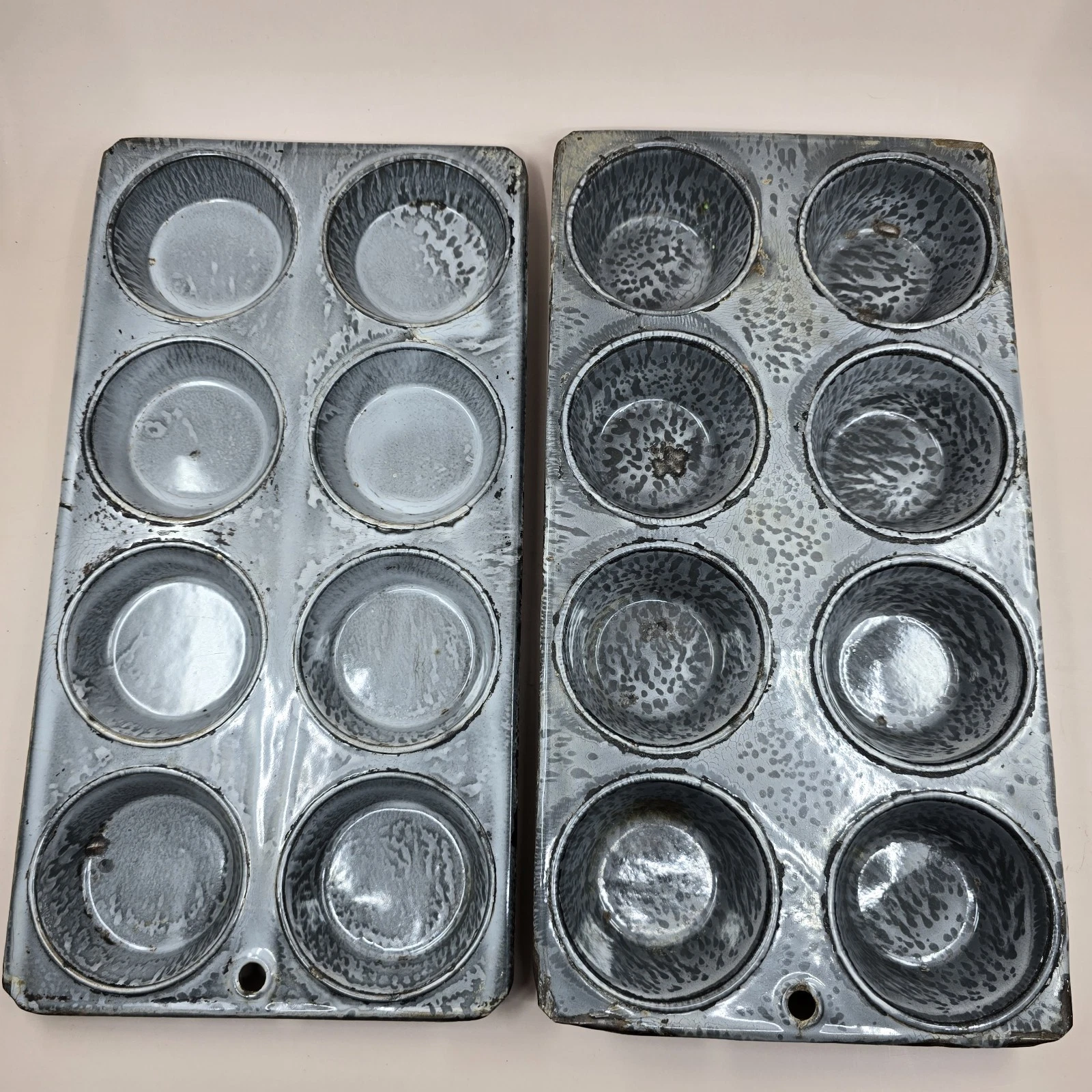 SET of 2 Antique Graniteware Enamel Muffin Tin Pan Vintage Farmhouse 8 Cup