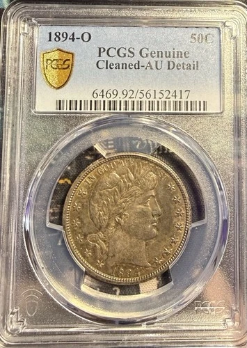 1894-O Barber Silver 50C; PCGS AU DETAIL; Gold Shield; Colorful Toning