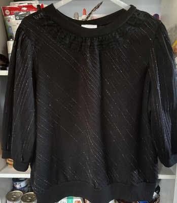 Kalico Queen Size 44 (XL) Striped Glitter  Blouse Black Silver 3/4 Sleeve