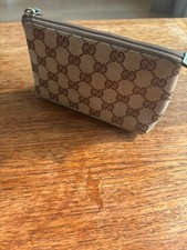 GUCCI GG Canvas Makeup Pouch Leather Accessory Case Beige Blue Italy Auth