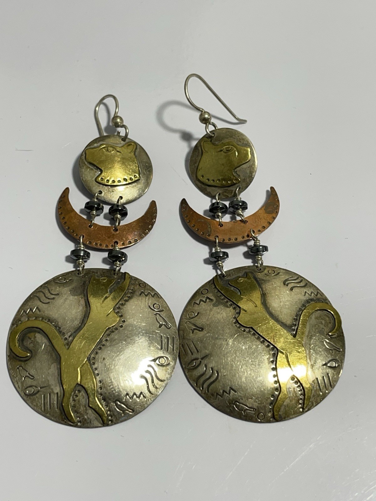 VTG Designer Handmade Cats 925 Sterling Silver Hook Dangle Earrings Chris Leja