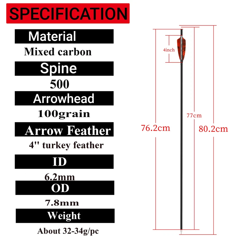 Archery Carbon Arrows SP500 4" Turkey Feathers 28" 30" 31" Recurve Bow Hunting - Image 2 of 4