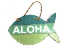 Aloha Fish Sign Beachy on Wood Planks Green 13" X 8" nik3219b