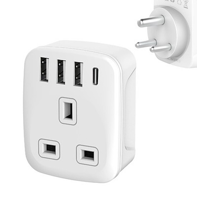 UK zu Indien Stecker Adapter, Stromwandler mit 4 USB (1 C) weiß 
