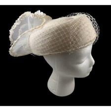 Vintage Bridal Pillbox Hat White Wool 1960  s Tulle Bow W/Sequins