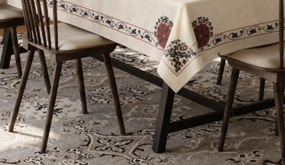 Williams Sonoma Cotton Embroidered Large Floral 109x70 Tablecloth Amasara Crewel