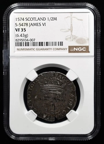 1574 SCOTLAND 1/2 MERK  NGC VF35, JAMES VI