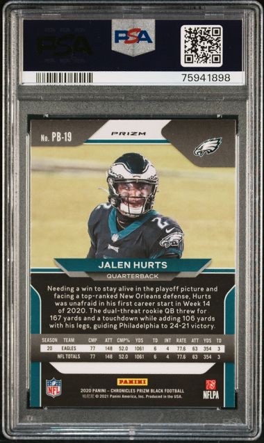 2020 Panini Chronicles Jalen Hurts Prizm Black- Silver PSA 10 GEM MINT ROOKIE RC view 2