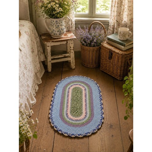 Oval Braided Rag Rug 43x27 Cottagecore Grannycore Country Farmhouse Scalloped