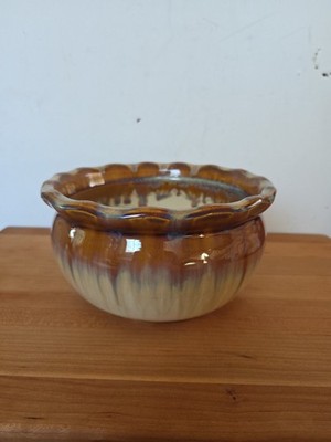 VTG Ceramic Jardinere Planter W/ brown and cream glaze + dripped design Vietnam