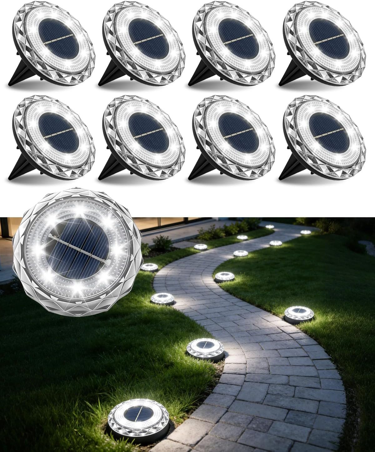 8 Pack Solar Ground Lights Outdoor, 8 LED Solar Disk Lights with 600Mah Battery,