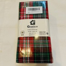 Gratico Christmas Plaid Cloth Holiday Dinner Napkins LG 18" X 18” 100% Cotton