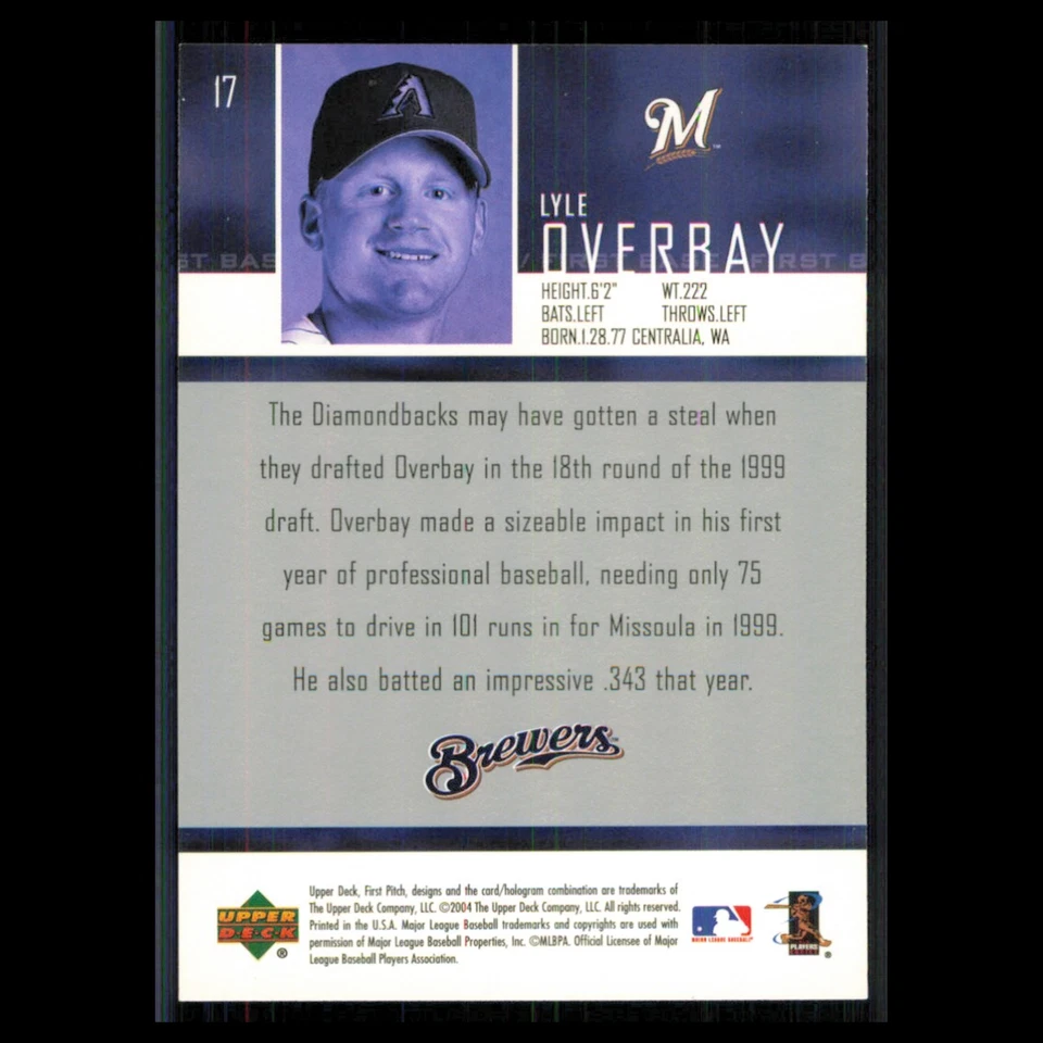 Tarjeta de béisbol Lyle Overbay #17 2004 Upper Deck First Pitch Arizona Diamondbacks Foto 2 de 3