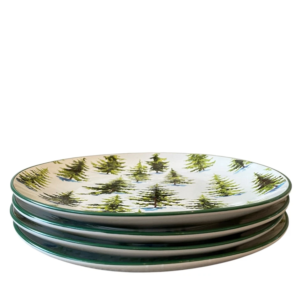 Juego de 4 platos de cena de Navidad de diseño global de 10,5 pulgadas de pinos navideños en la nieve Foto 4 de 4