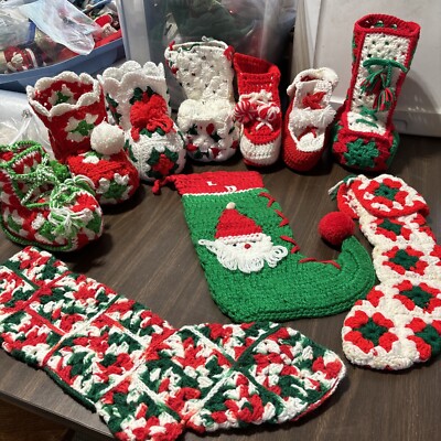 10 VTG Crochet Christmas Stocking Boot 3D Santa Granny Square Lot Handmade