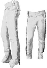 Men Native American Western Cowboy Leather Pants Suede Leg Side Fringe White