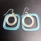 3441 Sterling silver 925/10Sf Blue clear "Sea glass" dangle drop earrings