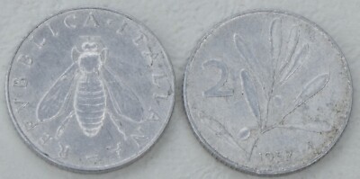 Italien / Italy 2 Lire Kursmünze 1954-1957 Biene Olivenzweig KM# 94 ss-vzgl.