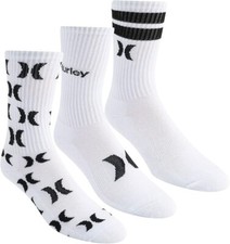 Hurley 3 Pk Cotton Blend Crew Socks White-Black, Size: 3.5-8