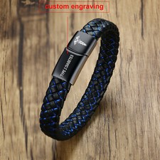 Custom Engraving Medical Alert ID Leather Bracelet Men Braided Stainless Steel