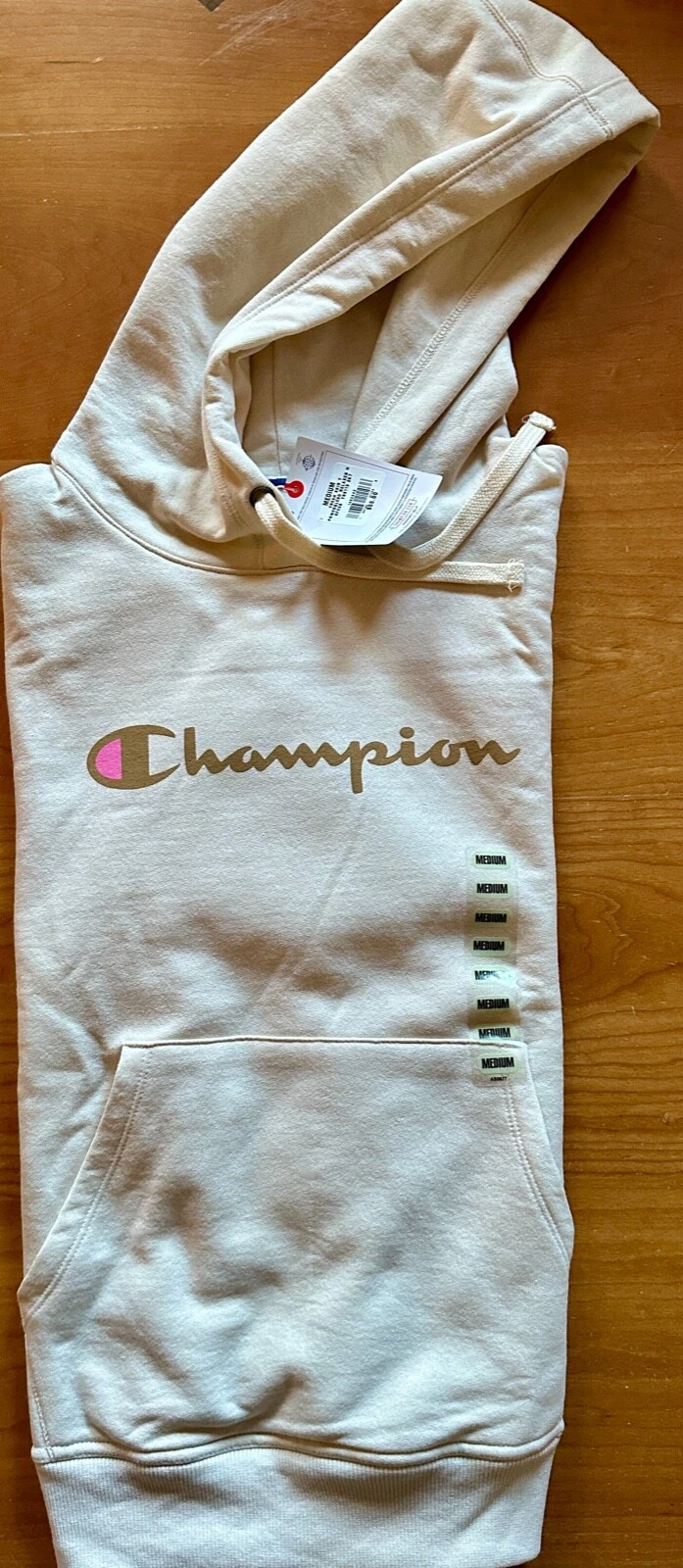 OFF WHITE Felpa con cappuccio Champion donna taglia M avorio foderata in pile tasca frontale nuova con etichette $55