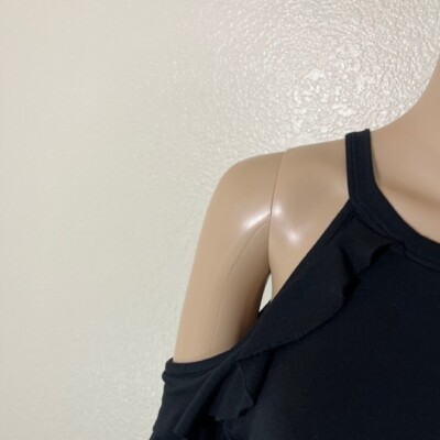 Beyond Yoga Black Modal/Spandex Frill Seeker Cold Shoulder Top Medium M