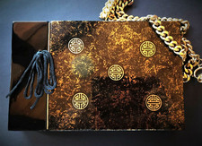 Chinese Photo Album NWOT Black & Gold Lacquered Wood Thick Black Textured Pages