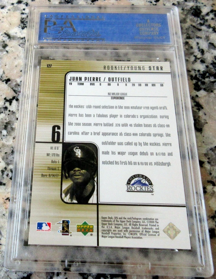 Tarjeta de novato JUAN PIERRE 2000 SPX UD SP RC 1477/1600 PSA 9 COMO NUEVA POP 11 campeones🔥$$ Foto 2 de 2
