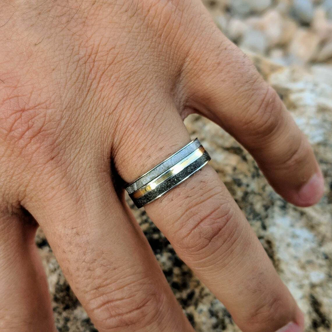 Ring made out of dinosaur bone meteorite and 14k deals gold