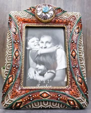 Rustic Southwest Silver Concho Turquoise Gem Tribal Patterns Picture Frame 5"X7"