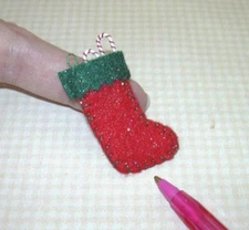 Miniature Felt Stocking w/SPARKLE, RED w/GREEN Cuff: DOLLHOUSE Christmas 1:12