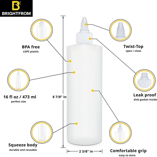 Condiment Squeeze Bottles, 16 OZ Empty Squirt Bottle with Twist Top Cap, Leak... - Picture 3 of 5